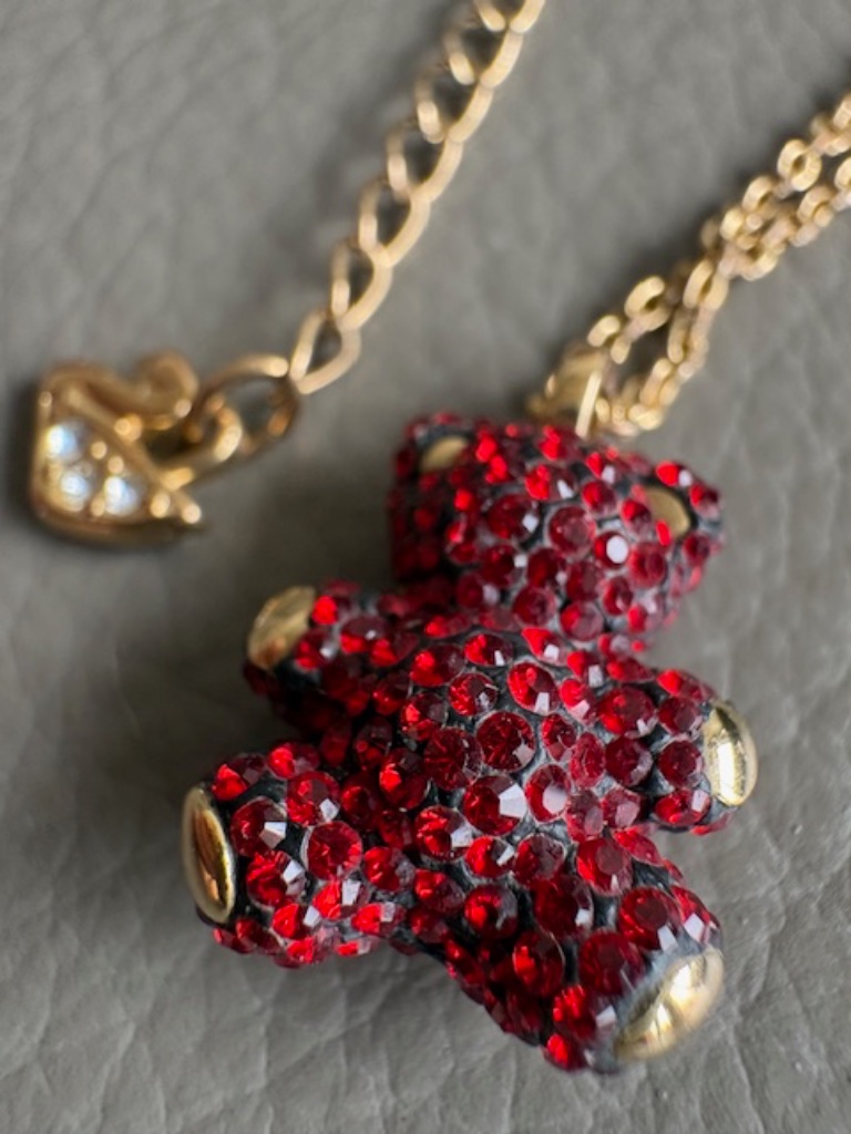 Swarovski Crystals Teddy Bear Gold Plated Pendant With Necklace Red Crystals